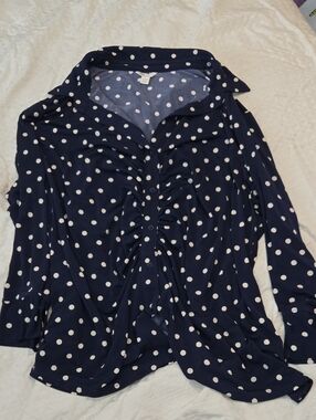 Cato Navy Blue and White Polka Dot Button-Front Shirt